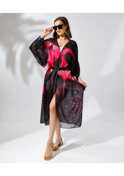 Kadın Rahat Kesim Şifon Kimono - Siyah -Vlmr
