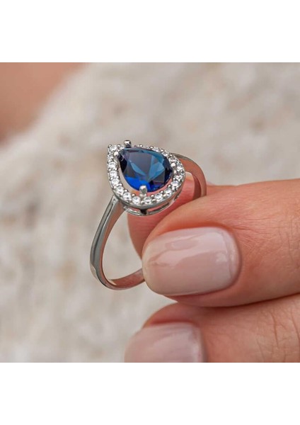 Gümüş Damla Safir Taşlı Kadın Yüzük