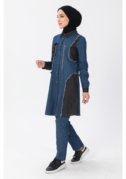 Fermuar Detaylı Tesettür Kot Kombin Koyu Mavi MSW10074