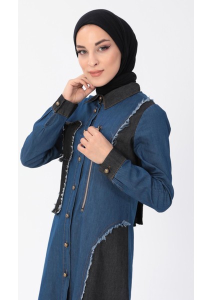 Fermuar Detaylı Tesettür Kot Kombin Koyu Mavi MSW10074 fiyatları