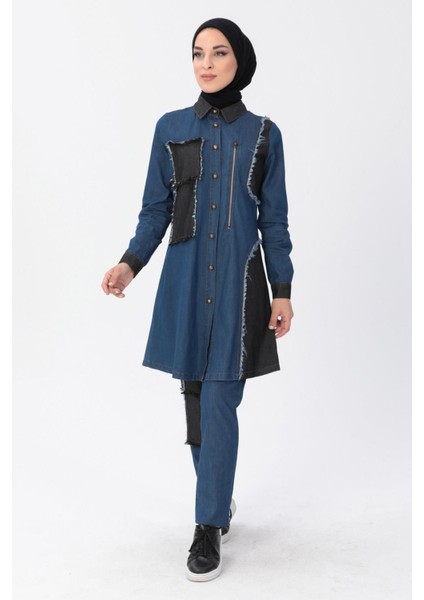 Fermuar Detaylı Tesettür Kot Kombin Koyu Mavi MSW10074 modelleri