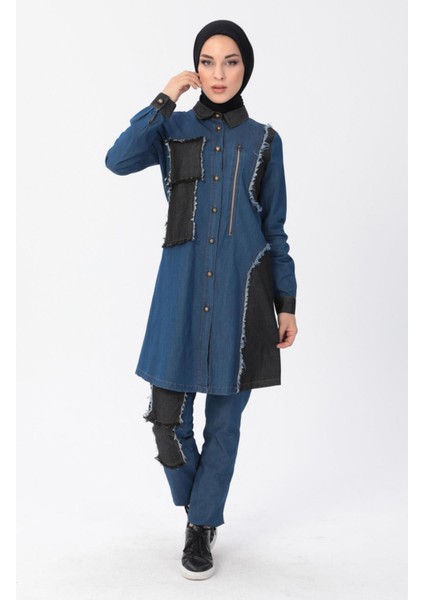 Fermuar Detaylı Tesettür Kot Kombin Koyu Mavi MSW10074 fırsatları