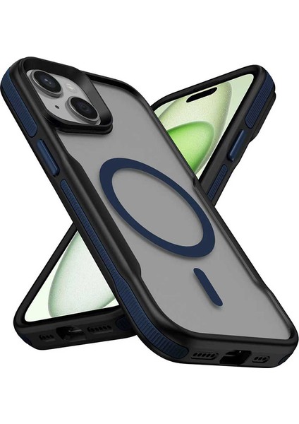 iPhone 14 Kılıf M-Safe Şarj Özellikli Renkli Kenar Airbag Şeritli Zore Lamer Kapak - Mavi