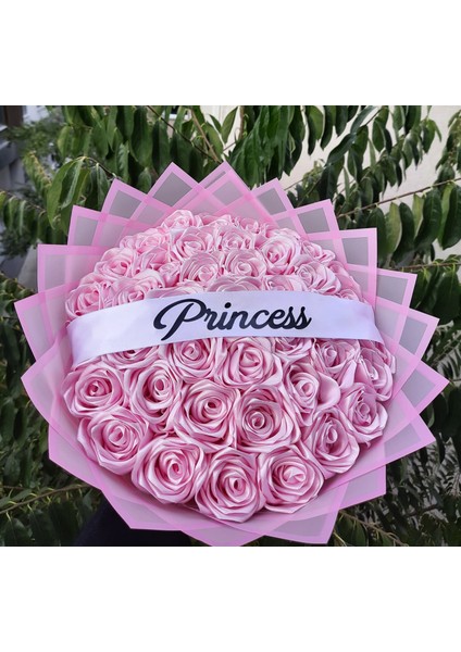 41 Li LED Işıklı Solmayan Gül Buketi Pembe Gül Dışı Pembe Isteme, Söz, Nişan, Şerit Yazılı