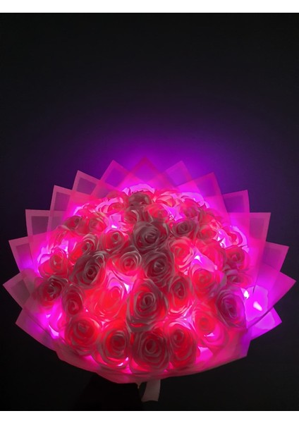 41 Li LED Işıklı Solmayan Gül Buketi Pembe Gül Dışı Pembe Isteme, Söz, Nişan, Şerit Yazılı modelleri