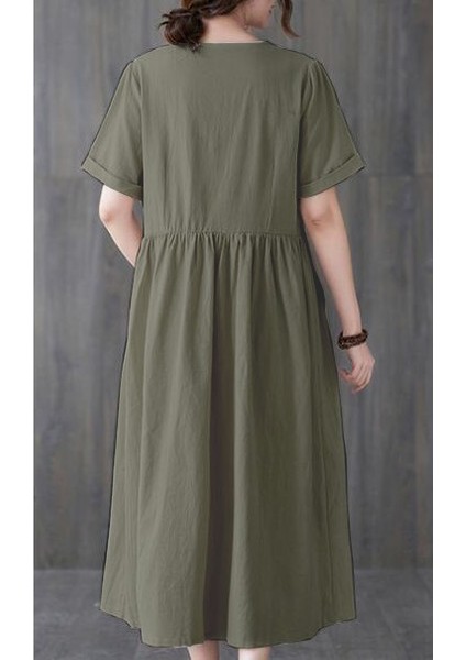 Keten Günlük Rahat V Yaka Beli Büzgü Detaylı Düğmeli Elbise indirimleri
