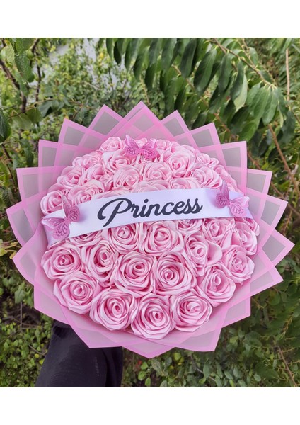 41 Li LED Işıklı Solmayan Gül Buketi Pembe Gül Dışı Pembe Isteme, Söz, Nişan, Şerit Yazılı