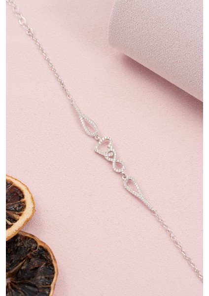 925 Ayar Gümüş Rodyumlu Zirkon Taşlı Kalp Sonsuzluk Bileklik