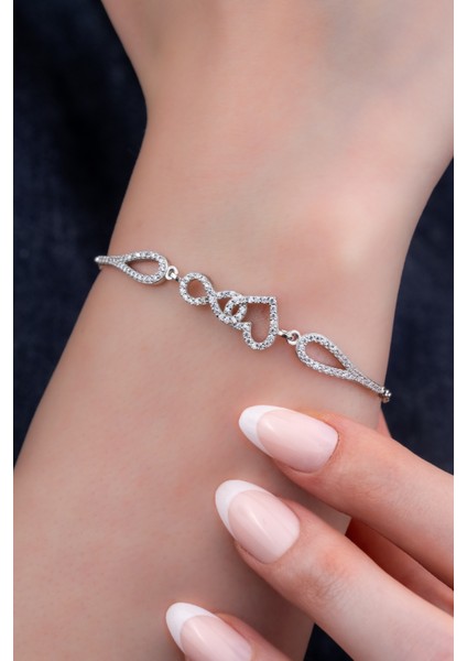 925 Ayar Gümüş Rodyumlu Zirkon Taşlı Kalp Sonsuzluk Bileklik fırsatları