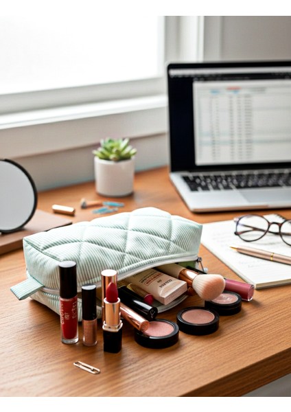 "yumuşak Elyaf Dolgulu, Şık Kareli Makyaj Çantası Büyük Boy 23X10