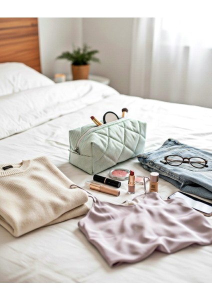 "yumuşak Elyaf Dolgulu, Şık Kareli Makyaj Çantası Büyük Boy 23X10 fırsatları