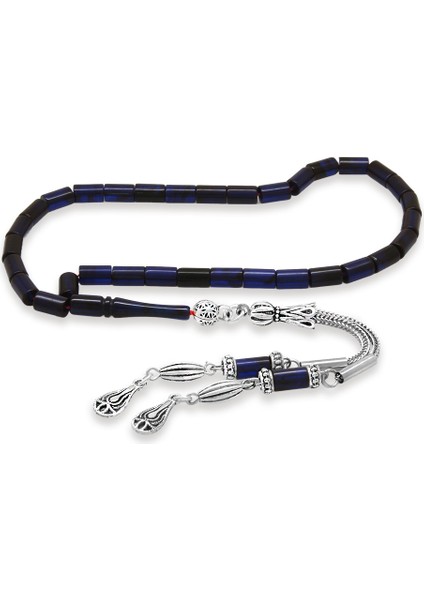 Sıkma Kehribar Tesbih - Kararmaz Metal Damla Püsküllü - Mavi Siyah - Mini Boy - Kesme Kesim