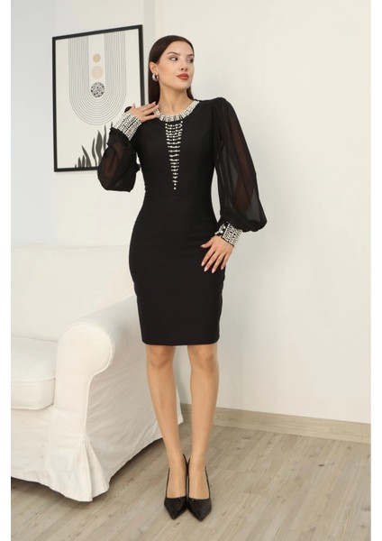 Inci Süsleme Detaylı Midi Abiye Elbise 2335-SIYAH