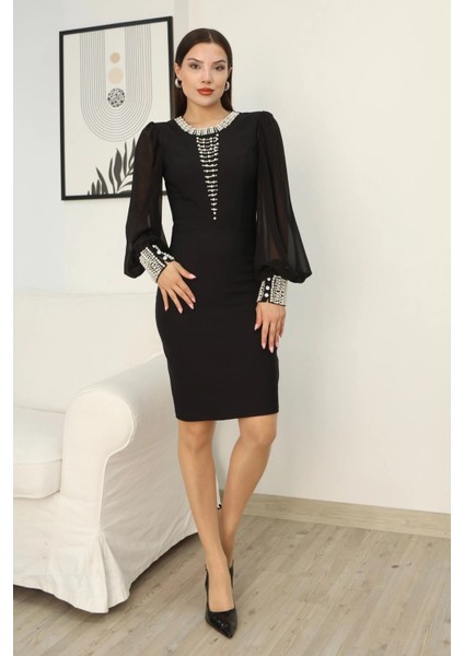 Inci Süsleme Detaylı Midi Abiye Elbise 2335-SIYAH indirimleri