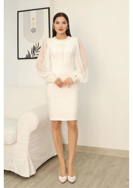 Inci Süsleme Detaylı Midi Abiye Elbise 2335-BEYAZ fiyatları
