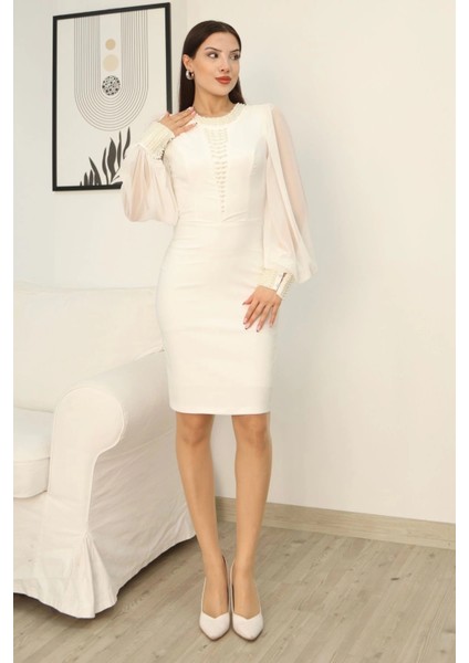 Inci Süsleme Detaylı Midi Abiye Elbise 2335-BEYAZ fırsatları