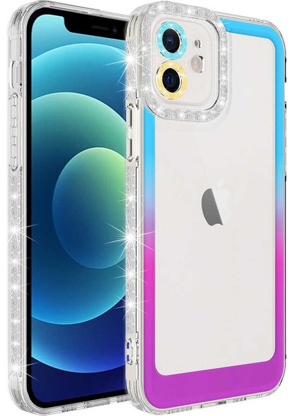 iPhone 11 Uyumlu Simli ve Renk Geçiş Tasarımlı Lens Korumalı Spıa Park Kapak-Mavi-Mor
