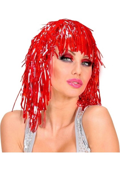 Buğz Kırmızı Işıltılı Metalize Parti Peruğu