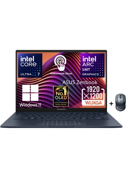 Zenbook 14 UX3405CA-QL286W Intel Core Ultra 7 255H 16GB 1tb SSD 14" OLED (Dokunmatik Ekran) Widows 11 Home Taşınabilir Bilgisayar - Asus Mouse WZ11