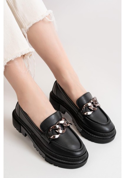 Kadın Somo Siyah Cilt Kalın Tokalı Loafer Ayakkabı Siyah