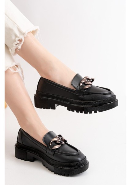 Kadın Somo Siyah Cilt Kalın Tokalı Loafer Ayakkabı Siyah modelleri