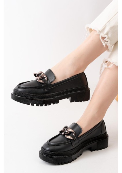 Kadın Somo Siyah Cilt Kalın Tokalı Loafer Ayakkabı Siyah fırsatları