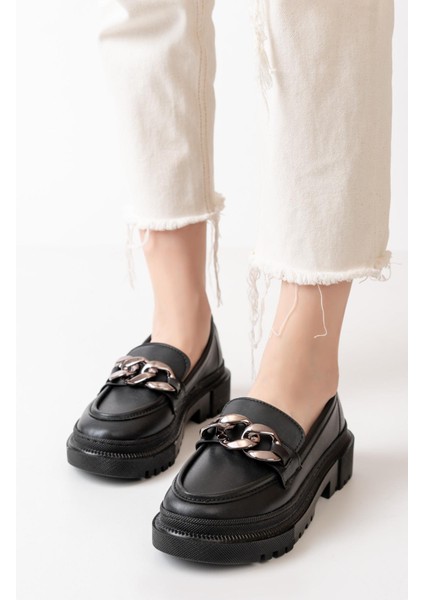 Kadın Somo Siyah Cilt Kalın Tokalı Loafer Ayakkabı Siyah indirimleri