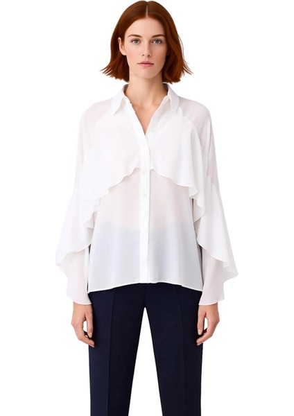 Kadın Dokuma Gömlek Volan Detaylı Uzun Kol Oversize Kesim Günlük ve Özel Anlar Için Modern