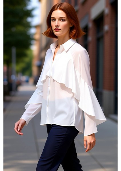 Kadın Dokuma Gömlek Volan Detaylı Uzun Kol Oversize Kesim Günlük ve Özel Anlar Için Modern indirimleri