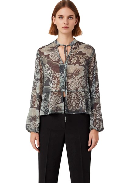 Kadın Haki Floral Desenli Uzun Kollu Şifon Bluz Fonksiyonel Dayanıklı Kaliteli Konforlu Şık