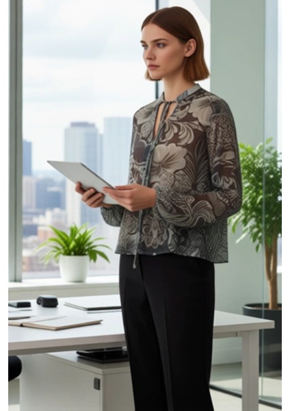 Kadın Haki Floral Desenli Uzun Kollu Şifon Bluz Fonksiyonel Dayanıklı Kaliteli Konforlu Şık fırsatları