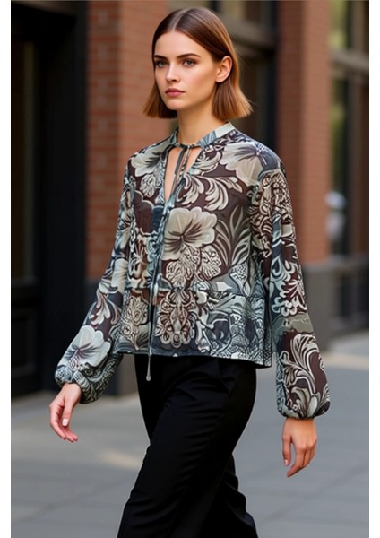 Kadın Haki Floral Desenli Uzun Kollu Şifon Bluz Fonksiyonel Dayanıklı Kaliteli Konforlu Şık indirimleri
