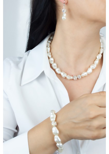 Barok Inci Taşlı Rondela Detay Kolye Bileklik Küpe Üçlü Set