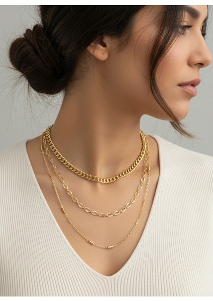 3 Sıralı Altın Katman Zincir Kolye