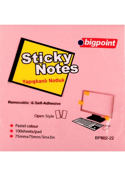 Bigpoint Yapışkanlı Not Kağıdı 75X75 Pembe BP802-22-12-PKT