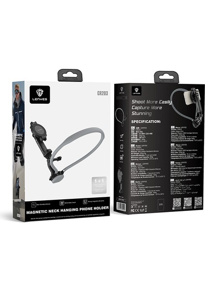 CR203 2in1 Eller Serbest Magnetik Boyun Askılı Telefon Tutucu Siyah
