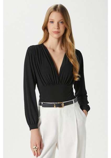 Kadın Sante V Yaka Siyah Yumuşak Sandy Bluz