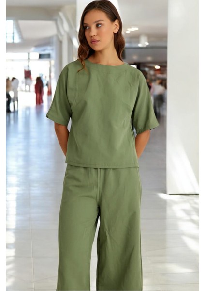 İkili Alt Üst Kısa Kollu Keten Takım