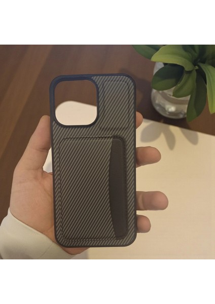 iPhone 14 Pro Max Uyumlu Rona Magcarbon Fiber Doku Manyetik Kılıf + Kartlık Cüzdan