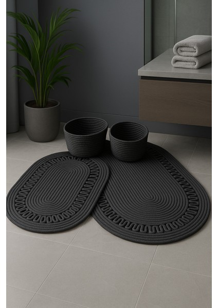 Terra 4’lü Banyo Seti – 2’li Oval Paspas & 2’li Oval Sepet, Doğal Halat Dokuma, El Yapımı - Premium