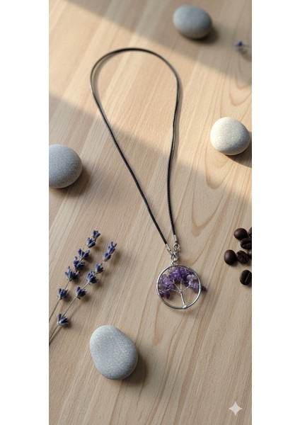 Hayat Ağacı Ametist Kolye - Siyah Paslanmaz Çelik Zincirli Doğal Taş Takı modelleri