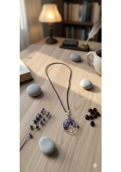 Hayat Ağacı Ametist Kolye - Siyah Paslanmaz Çelik Zincirli Doğal Taş Takı fırsatları