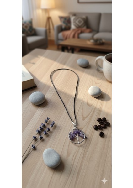 Hayat Ağacı Ametist Kolye - Siyah Paslanmaz Çelik Zincirli Doğal Taş Takı indirimleri