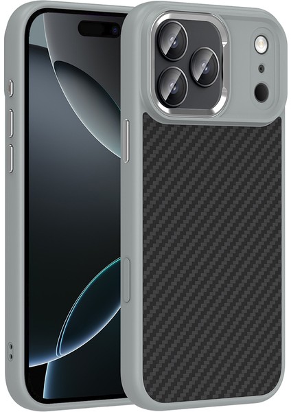 iPhone 17 Pro Kılıf M-Safe Şarj Özellikli Karbon Fiber Görünümlü Zore Truva Silikon Kapak - Gri