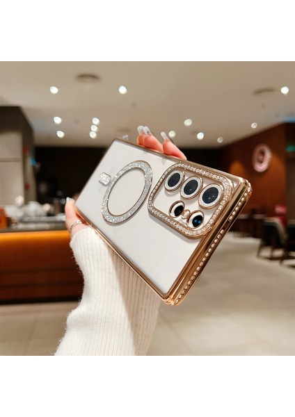 Samsung S24-S25 Plus Uyumlu Şeffaf Taşlı Magsafe Özellikli Kılıf