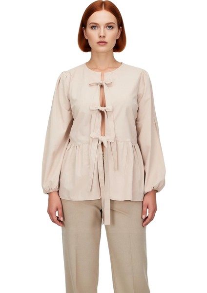 Çizgili Fiyonk Detaylı Dokuma Gömlek Kadın Fonksiyonel Dayanıklı Kaliteli Konforlu Estetik fırsatları