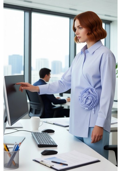 Kruvaze Yaka Çizgili Gül Detaylı Kadın Gömleği Fonksiyonel Dayanıklı Kaliteli Konforlu Şık modelleri