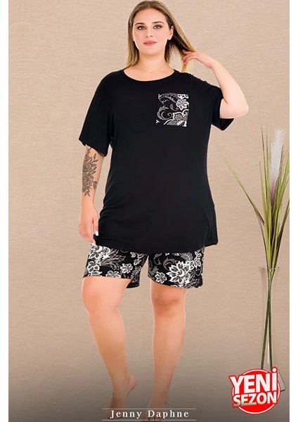 Lady Büyük Beden Çiçek Desenli Şort Bisiklet Yaka Kısa Kol Şortlu Pijama Takımı