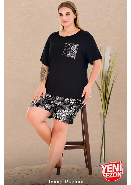 Lady Büyük Beden Çiçek Desenli Şort Bisiklet Yaka Kısa Kol Şortlu Pijama Takımı fiyatları