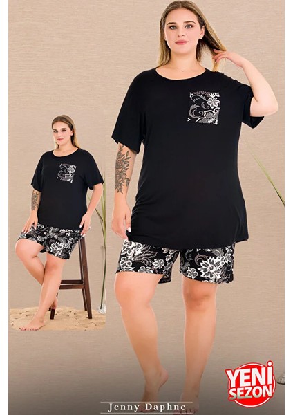 Lady Büyük Beden Çiçek Desenli Şort Bisiklet Yaka Kısa Kol Şortlu Pijama Takımı modelleri